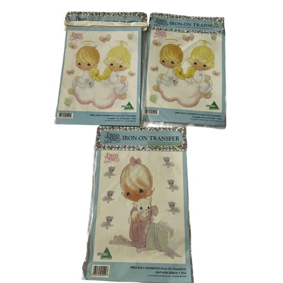 Precious Moments Iron-On Transfers Girl With Kitten & Couple On A Cloud Designs - Picture 1 of 9